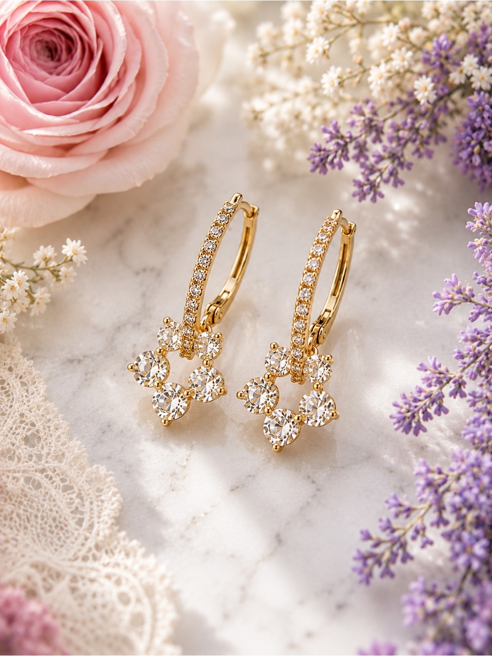 Gold Crystal Hoop Earrings with Floral Drop